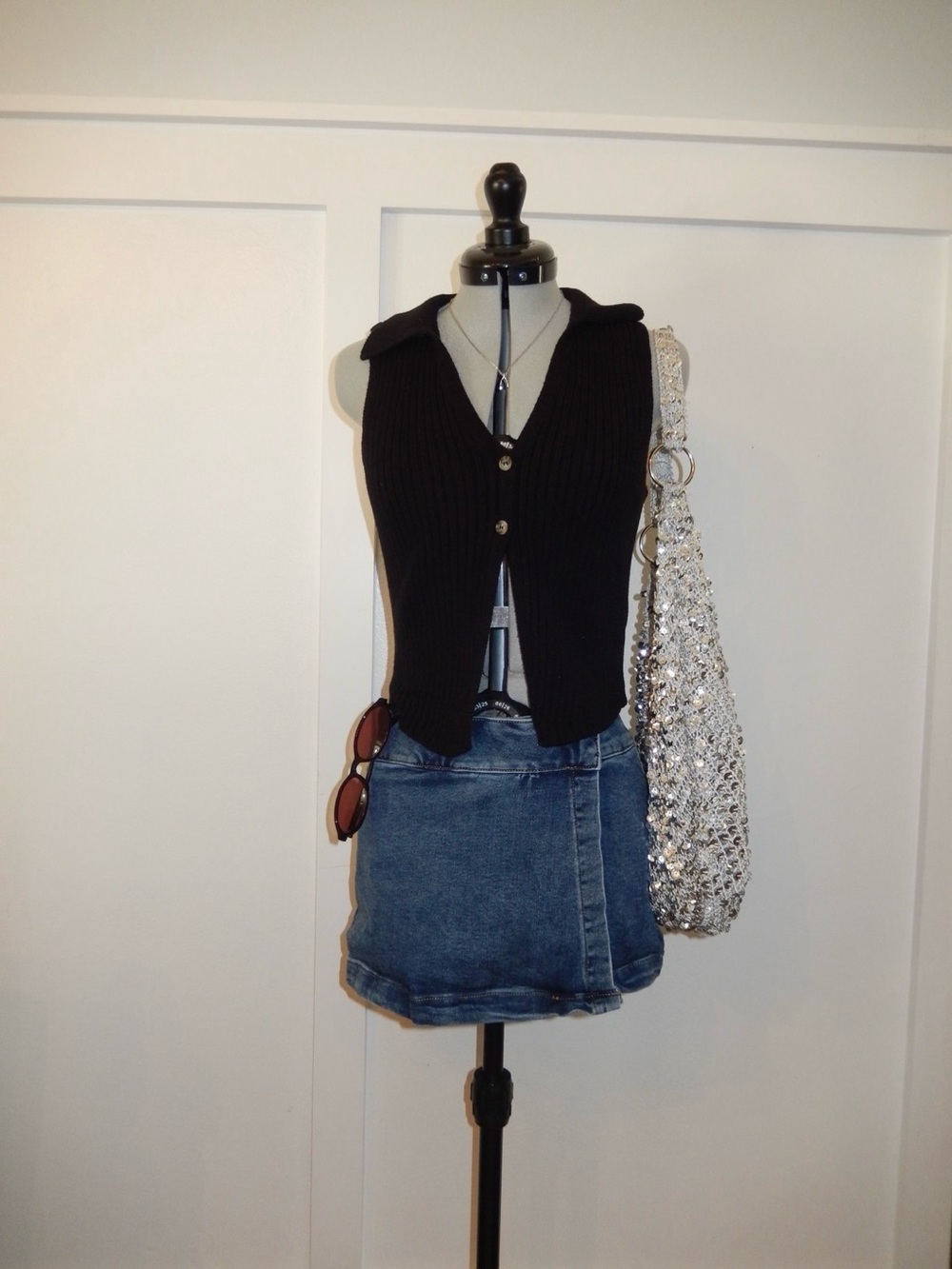 Black Ribbed Going Out Top with Collar